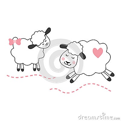 Vector image of a cute tender sheep. Smiling lambs with a bow on the ear. Vector Illustration